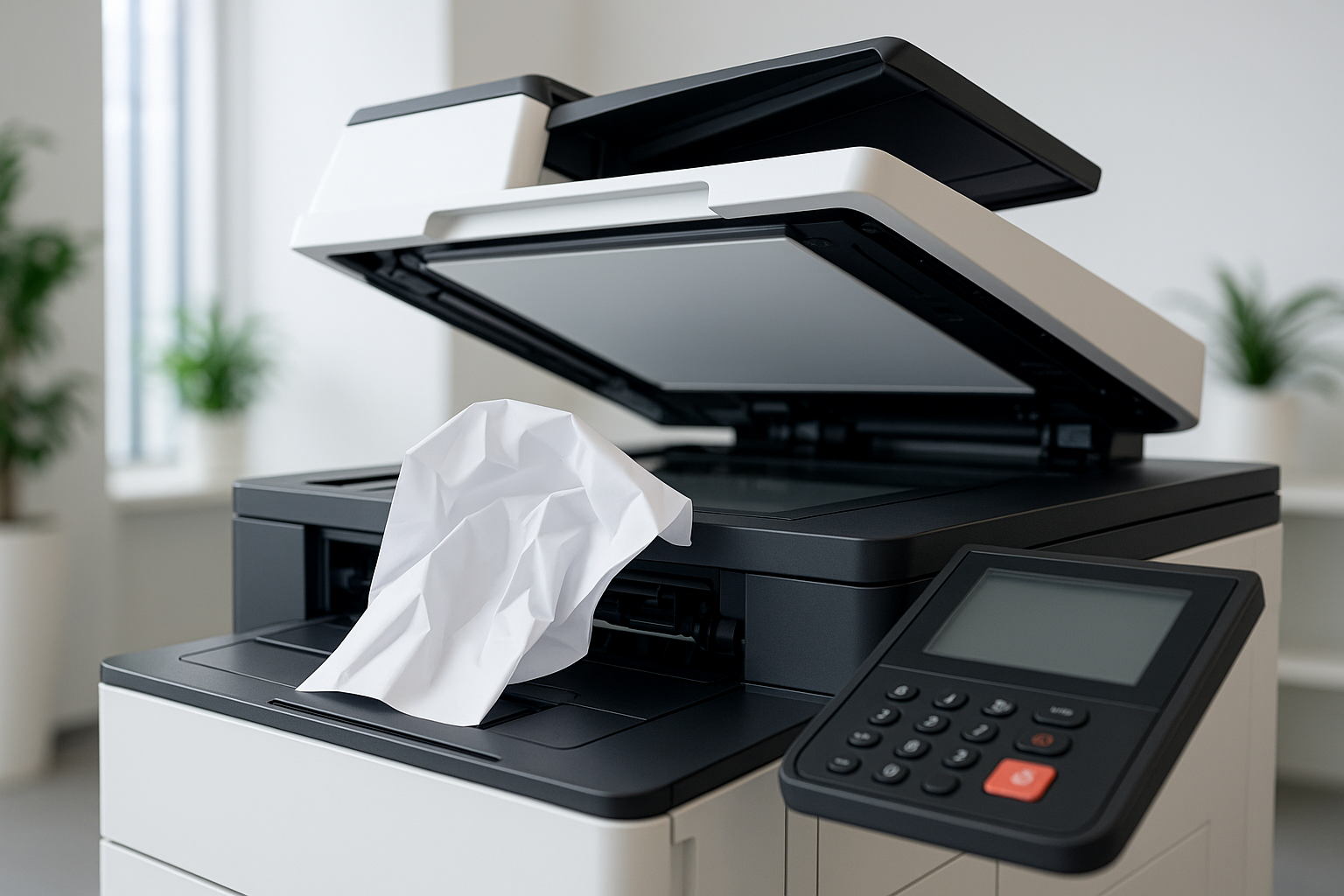 Ilustrasi kertas nyangkut di mesin fotokopi kantor.