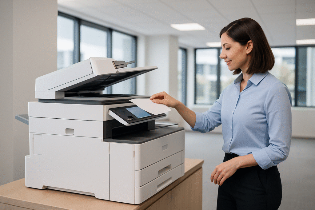 Ilustrasi mesin fotokopi dirawat dan bersih di kantor modern.