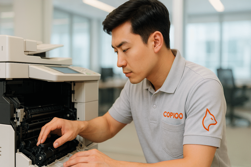 Teknisi melakukan service mesin fotocopy kantor di Jakarta